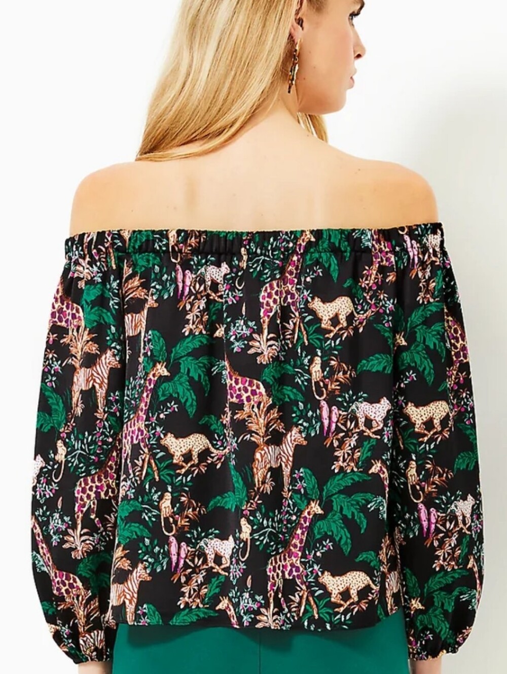 Lilly Pulitzer Safari Jungle Giraffe Leopard Off Shoulder Satin Blouse Top XL - Picture 4 of 15
